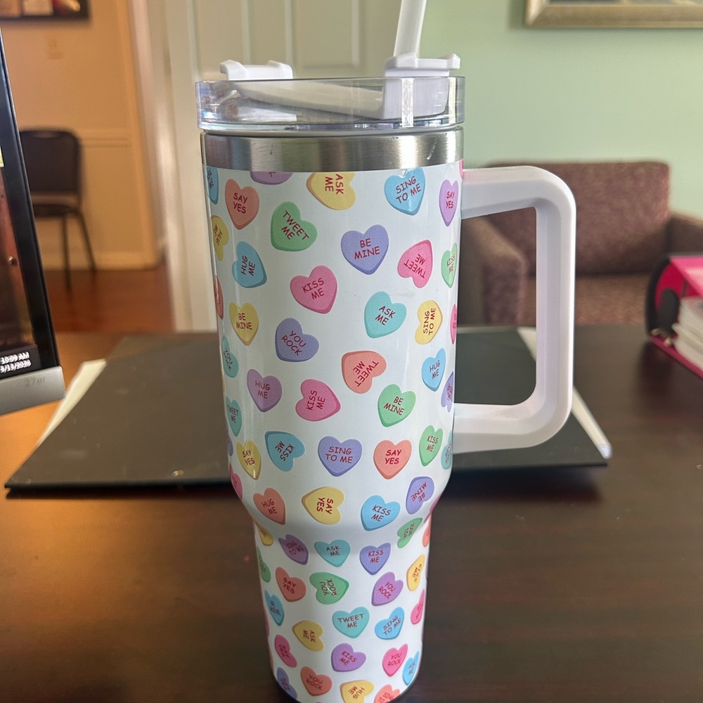 White Conversation-Heart Travel Tumbler with Handle